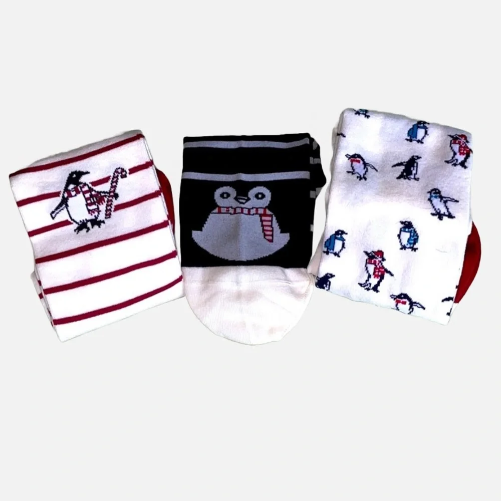 LANDS END Penguin Christmas Striped Socks 3 Pack Red Navy Blue - Host Pick 🎉